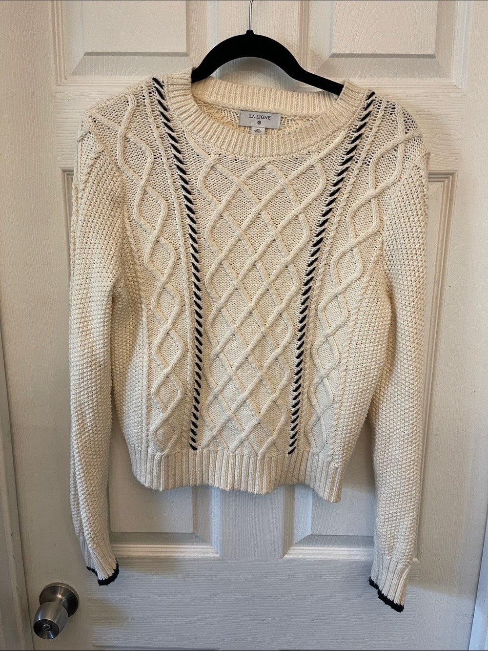 La Ligne x Target Cream Cable-Knit Crew Sweater with Black Contrast